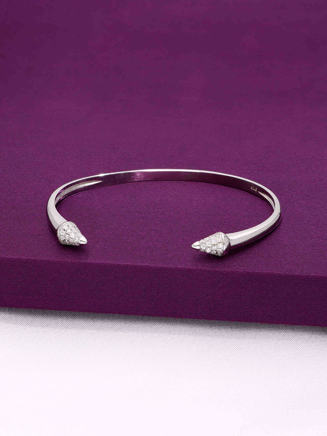 KAI JEWEL 925 Sterling Silver Rhodium-Plated AD Studded Classic Curvy Cuff Bracelet