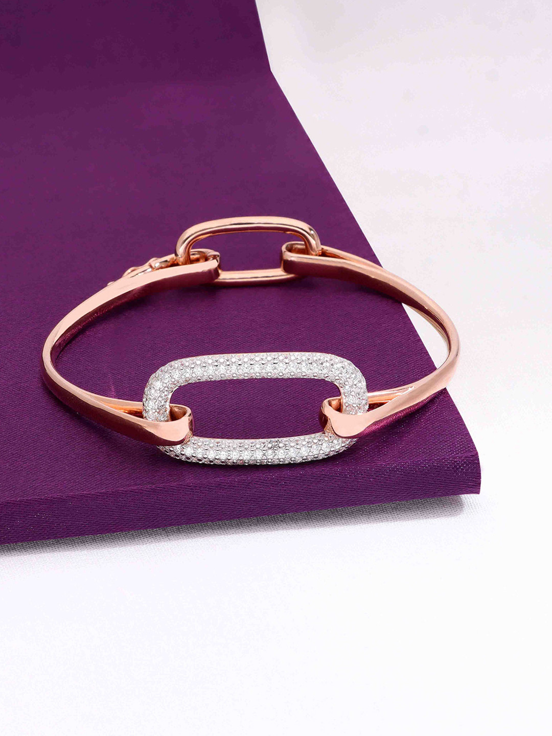 KAI JEWEL 925 Sterling Silver Rose Gold-Plated AD Studded Sliding Ring Chain Cuff Bracelet