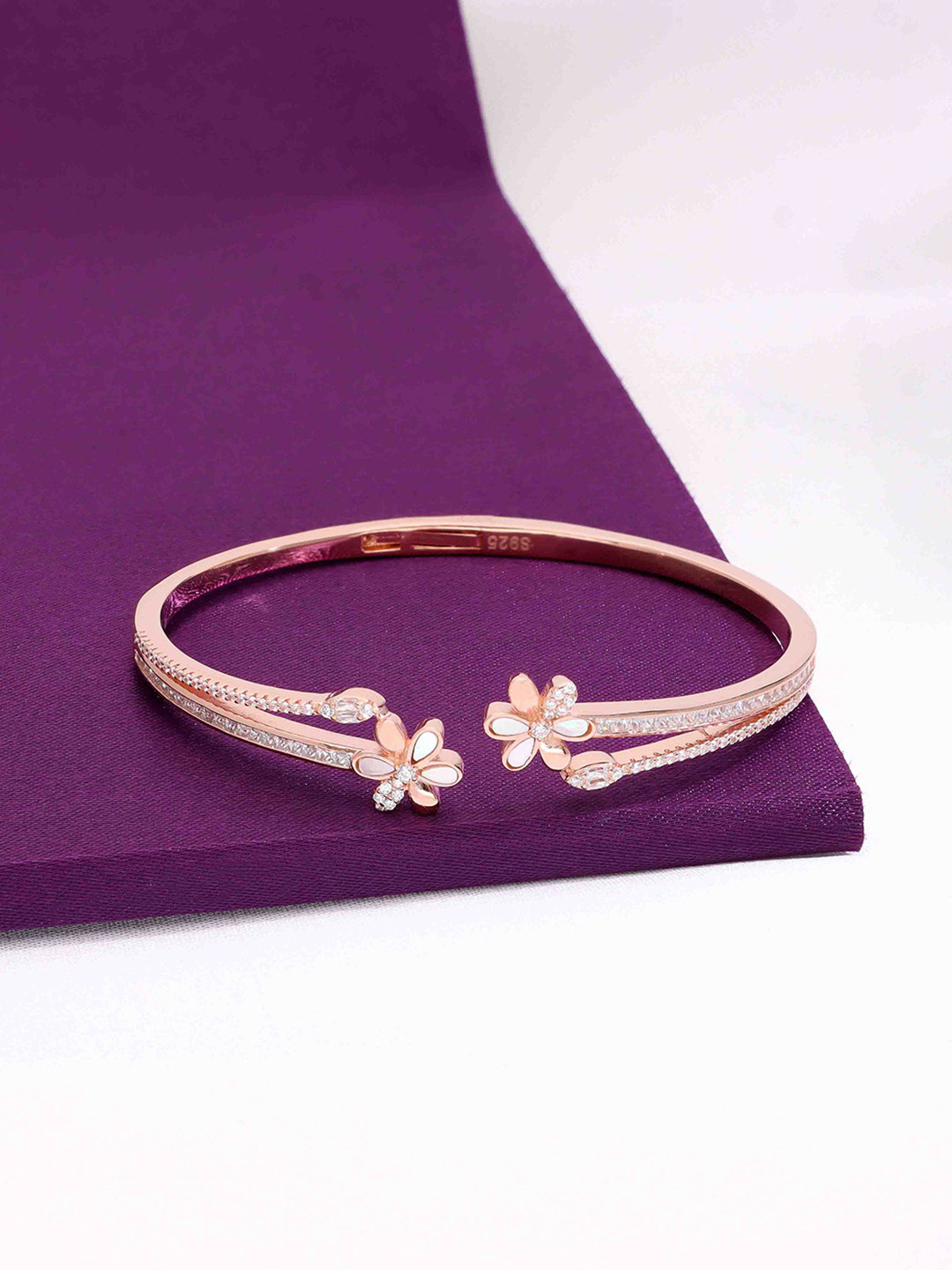 KAI JEWEL 925 Sterling Silver Rose Gold-Plated AD Studded Blossoming Blooms Cuff Bracelet