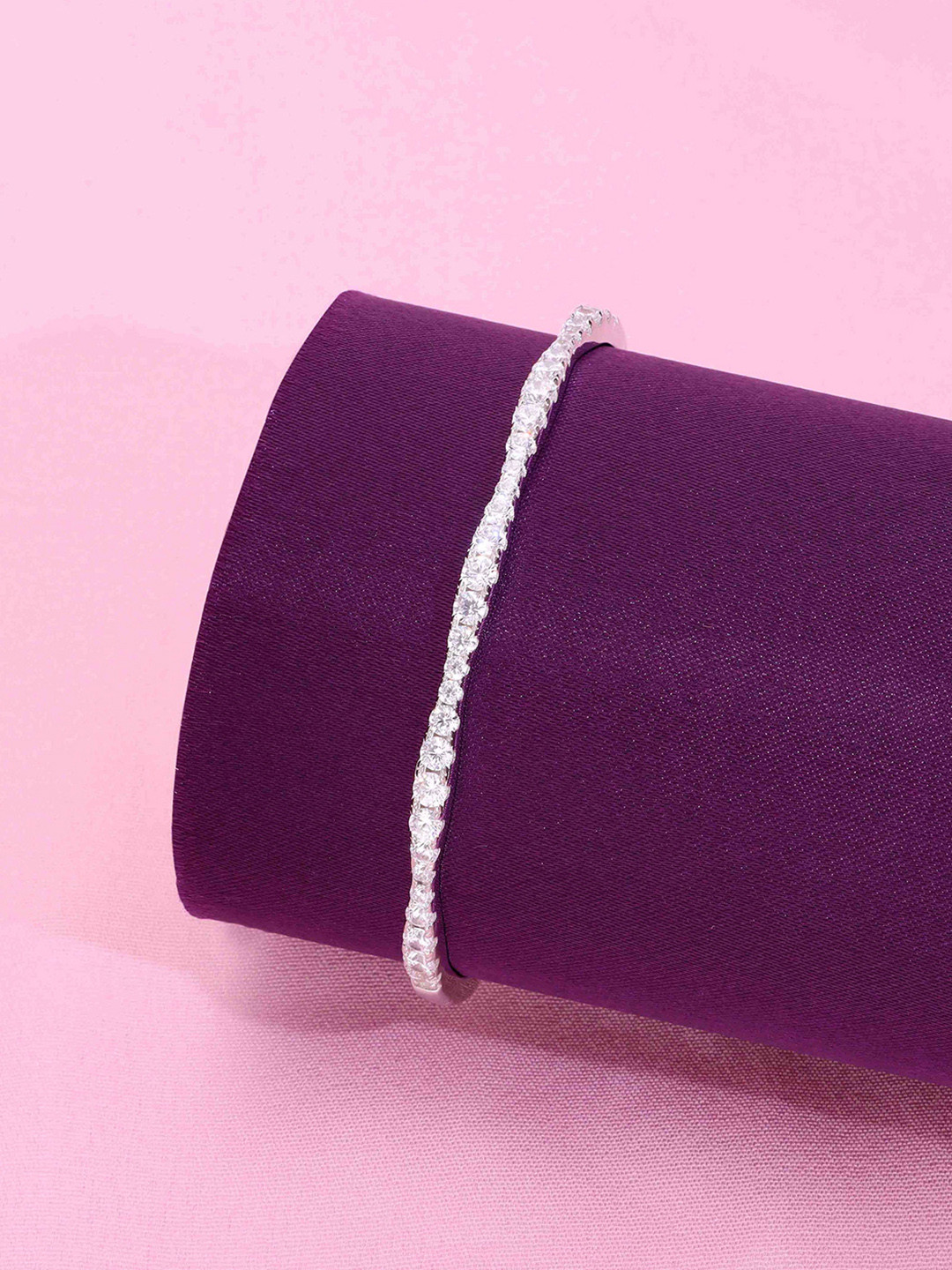 KAI JEWEL 925 Sterling Silver Rhodium-Plated Curvy Cord Zirconia Studded Bangle