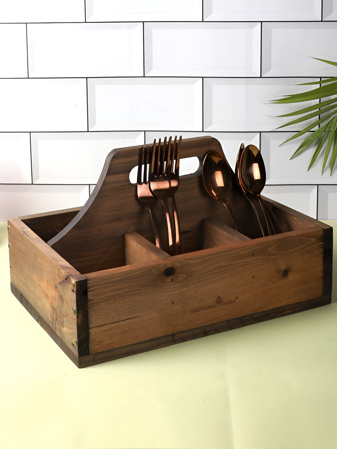 NATURALLY YOURS Brown Wooded Cutlery Kitchen Spoon Organiser