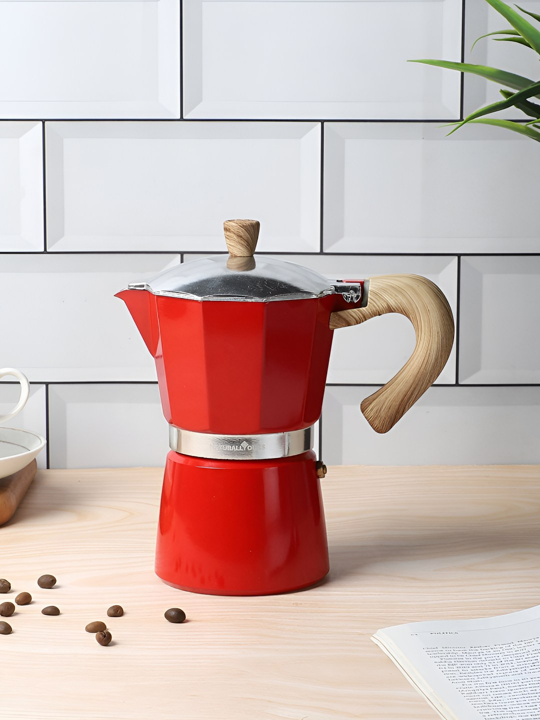 NATURALLY YOURS Red & Beige Textured Moka Coffee Pot Maker -300 ml