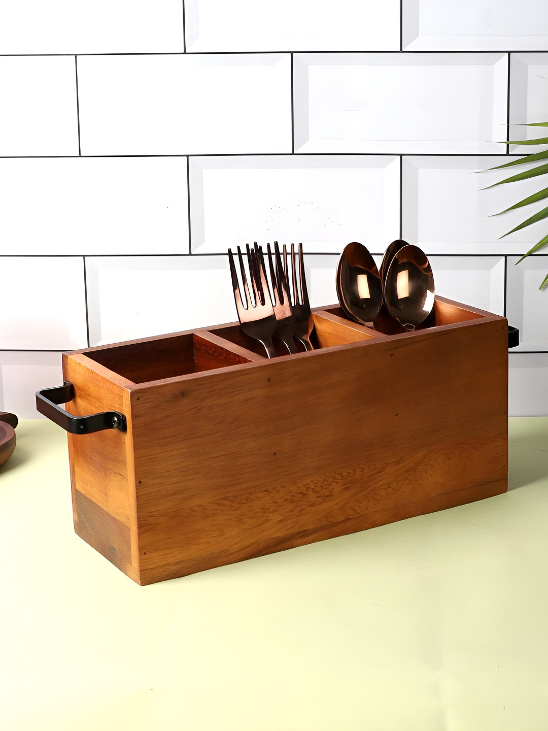 NATURALLY YOURS Brown Wooden Rectangular Cutlery Holder