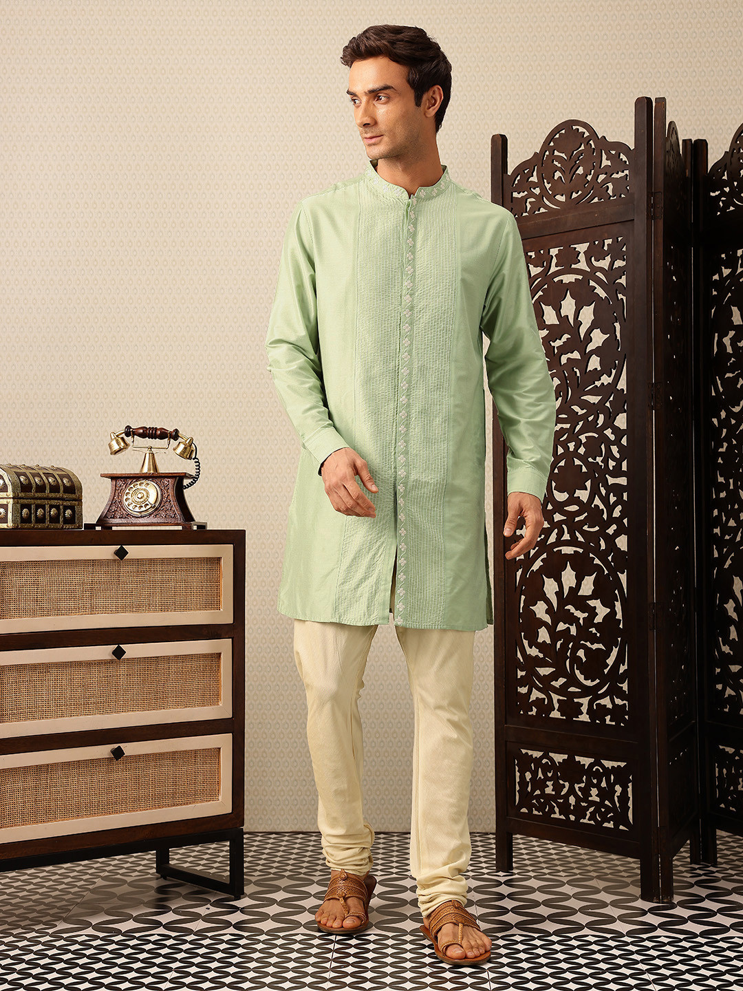 House of Pataudi Striped Thread Work Jashn Kurta with Churidar