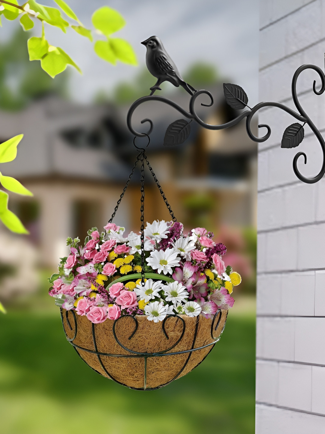 Garden King Set Of 2 Black 12 Inch Halfmoon Design Coir Hanging Planters