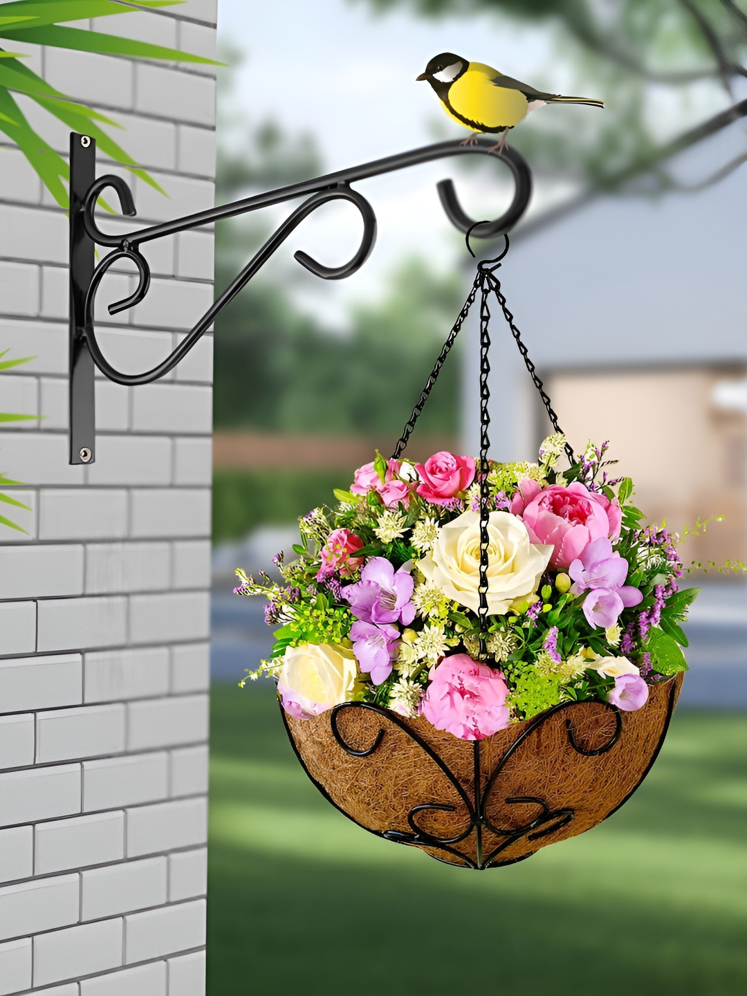 Garden King Black 12 Inch Blossom Design Coir Hanging Planters