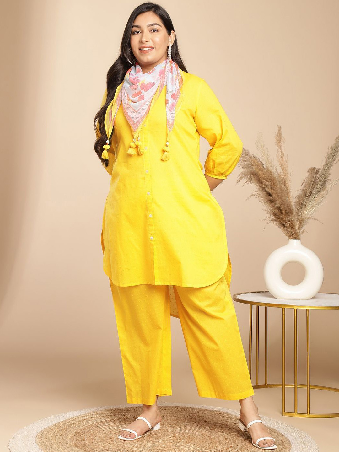 KALINI Women Plus Size Dobby Cotton Self Design High-Low Scarf Set