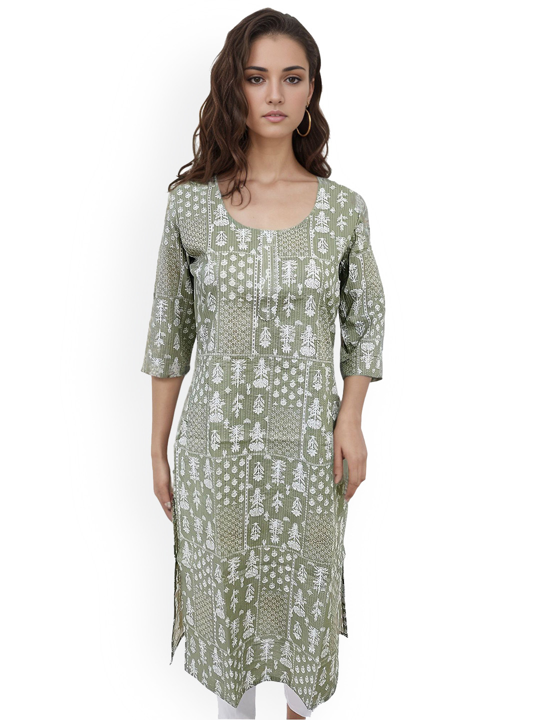 RAYINVENT Floral Printed Round Neck Cotton Straight Kurta