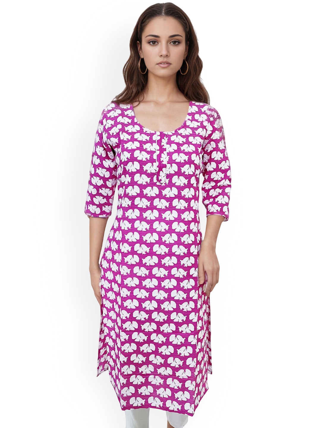 RAYINVENT Floral Printed Round Neck Straight Pure Cotton Kurta