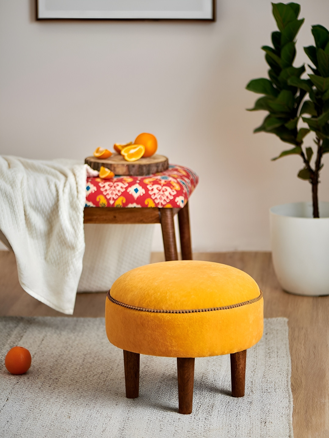 Chumbak Yellow Plain Round Wooden Begum Foot Rest