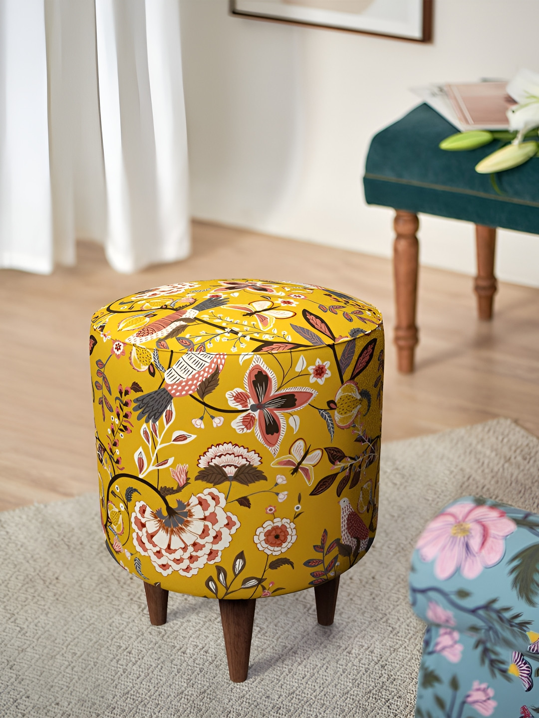 Chumbak Yellow & Brown Dragon Fruit Printed Round Wooden French Pouffe