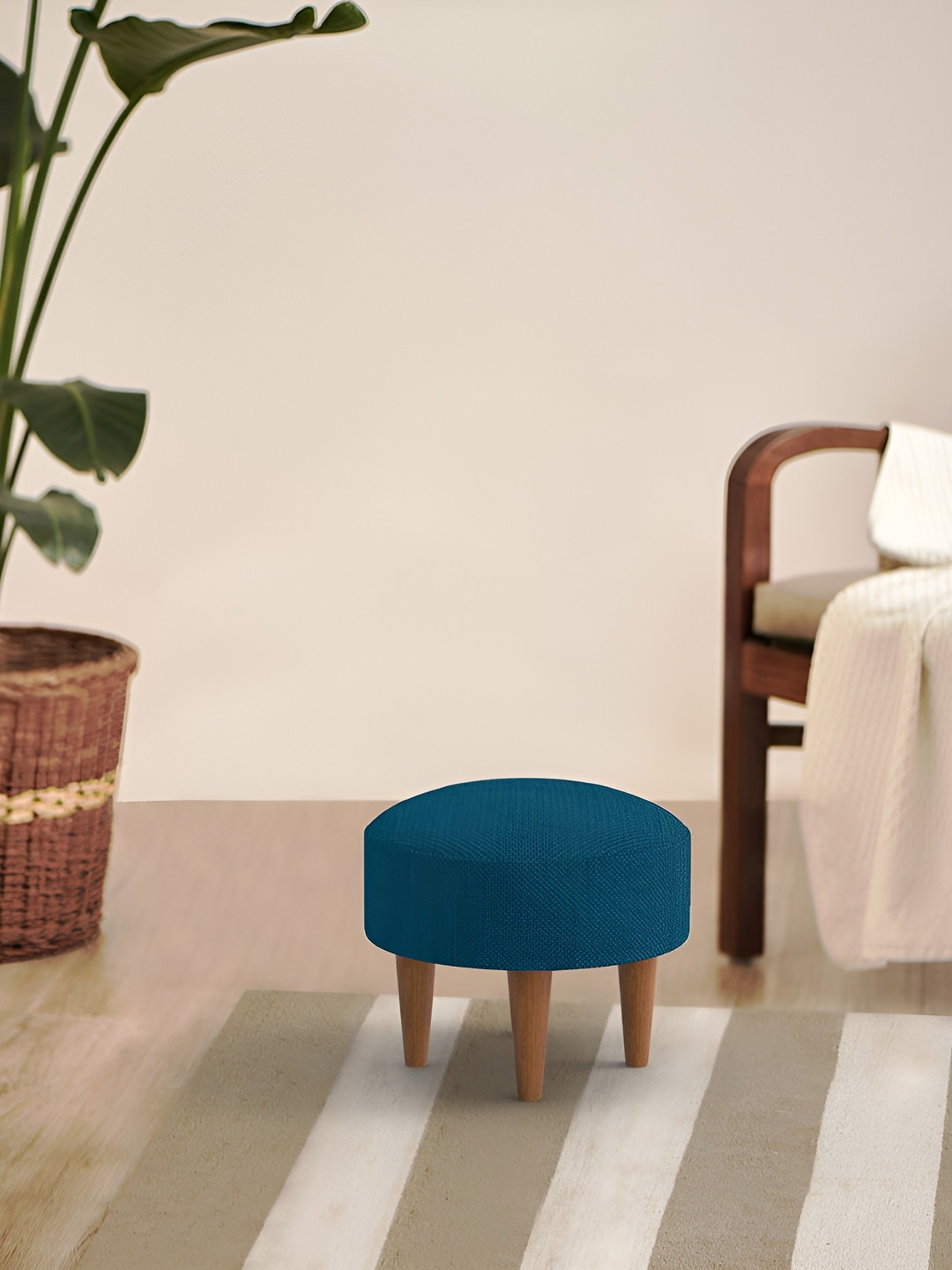 Chumbak Mediterranean Blue Round Wooden Begum Foot Rest