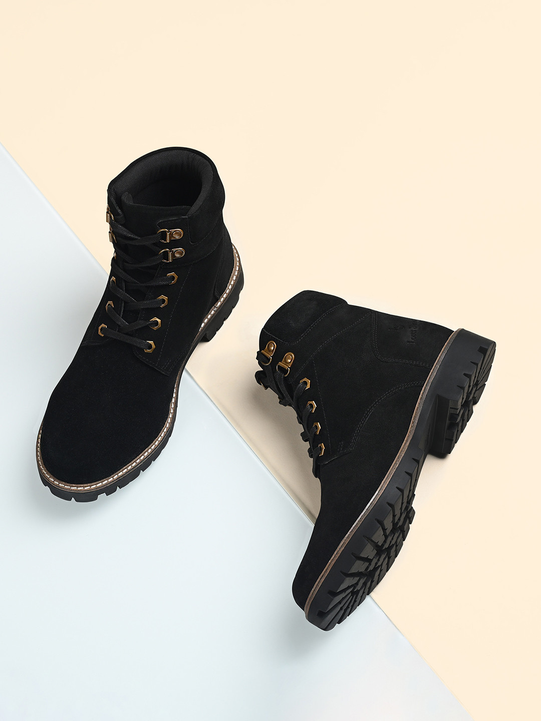 LOUIS STITCH Men Jet Black High Ankle Suede Leather Biker Boots