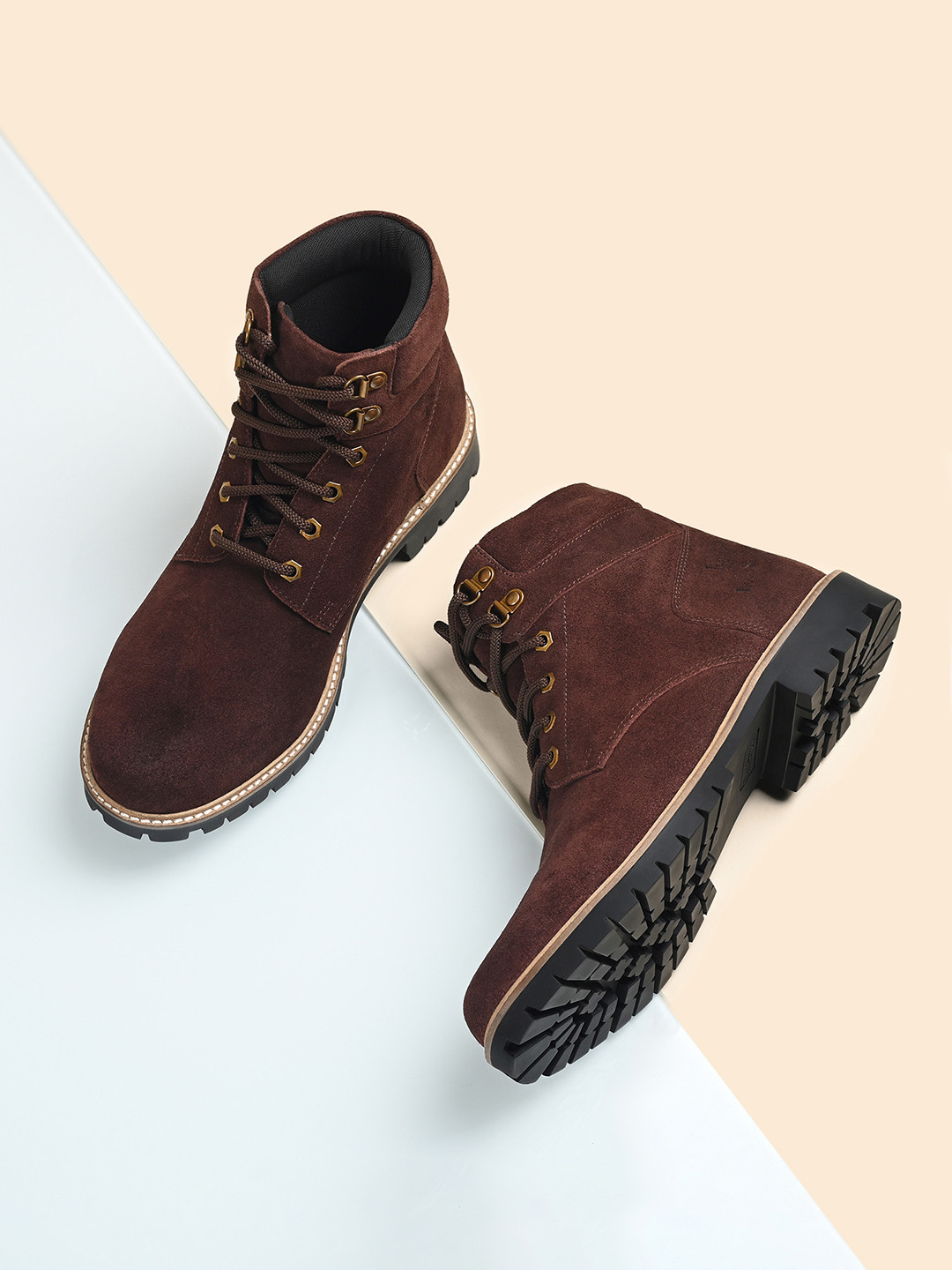 LOUIS STITCH Men Brunette Brown High Ankle Suede Leather Biker Boots