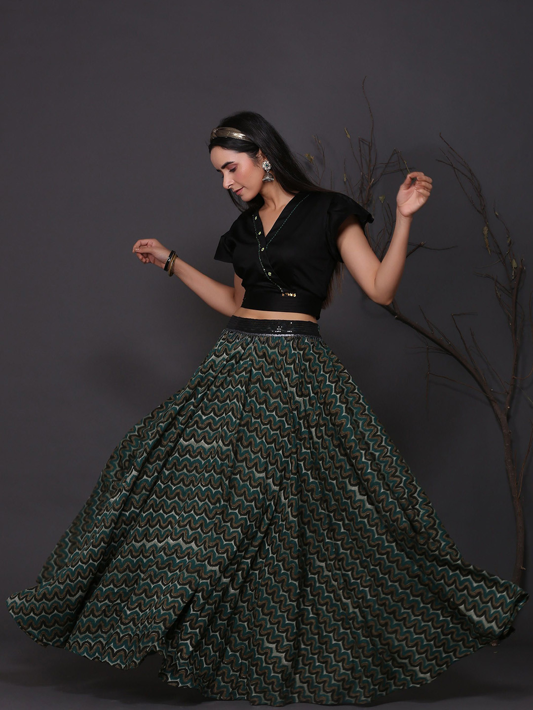 KYETH Embellished Top With Printed Skirts Co-Ords
