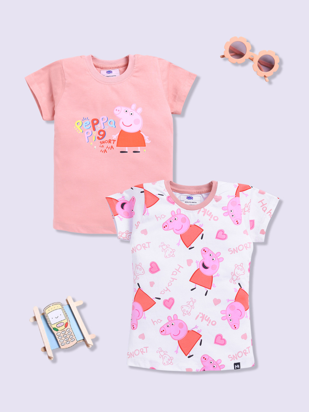 YK X Minute Mirth Girls Pack Of 2 Peppa Pig Printed Pure Cotton T-shirts