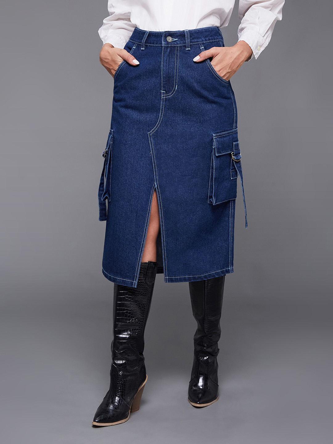 Miss Chase Denim A-Line Midi Skirts
