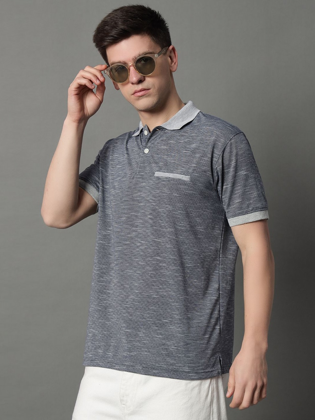 GET GOLF Men Striped V-Neck Drop-Shoulder Sleeves Raw Edge T-shirt