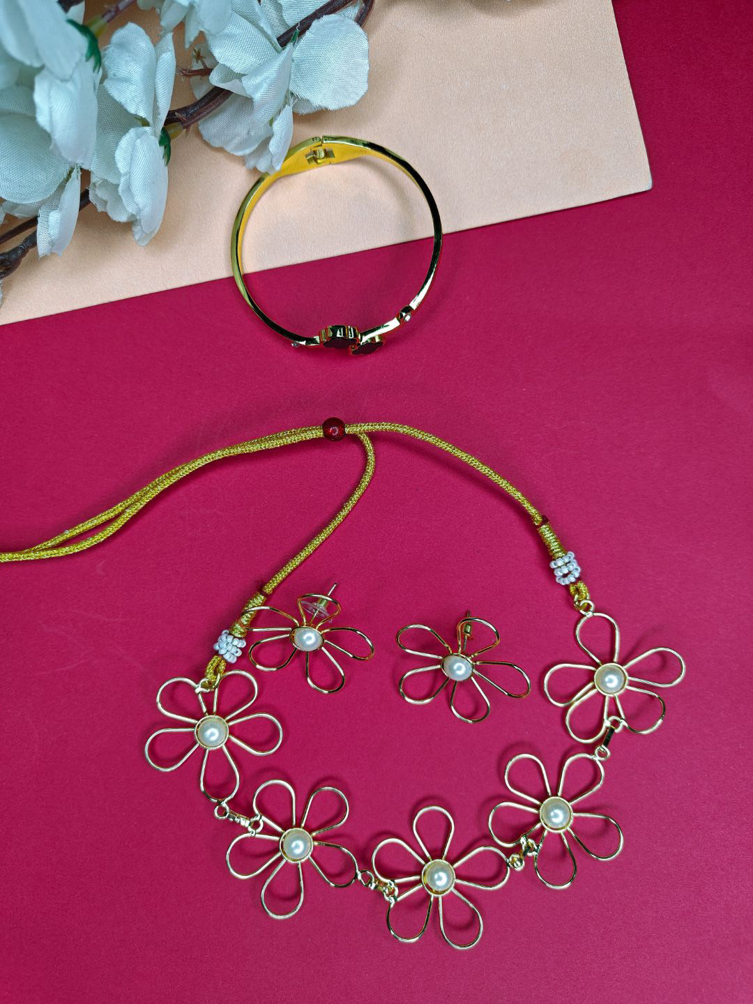 NVR Valentine Special Women's Gold-Plated Floral Shaped Pearl Beaded Jewellery Set