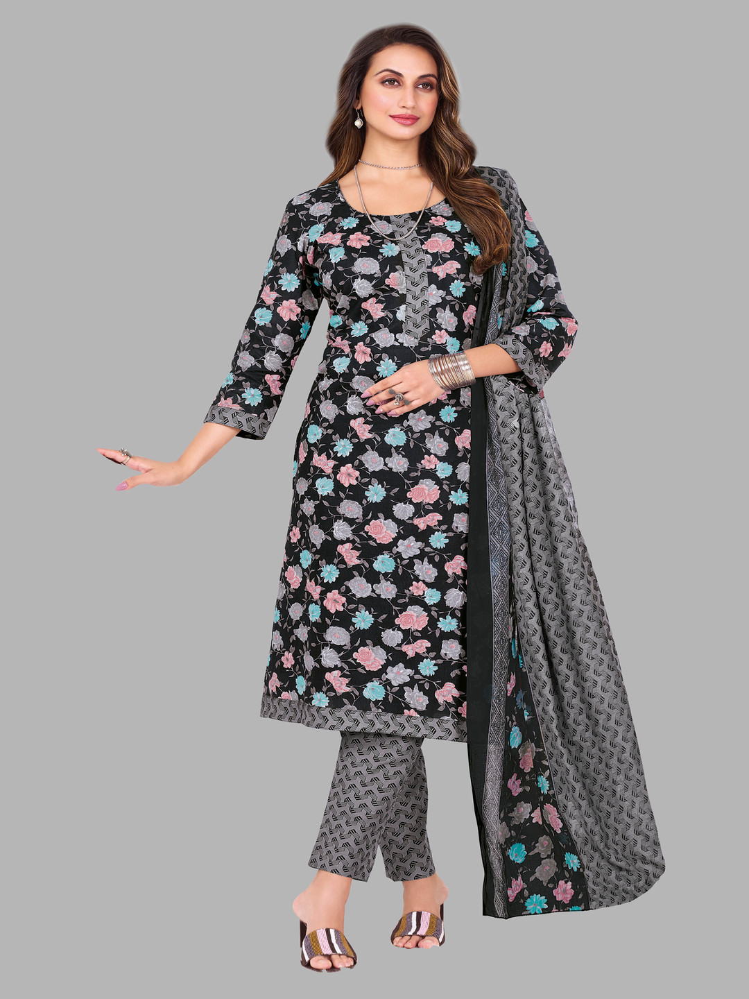 shree jeenmata collection Women Printed Regular Pure Cotton Kurta with Churidar & With Dupatta