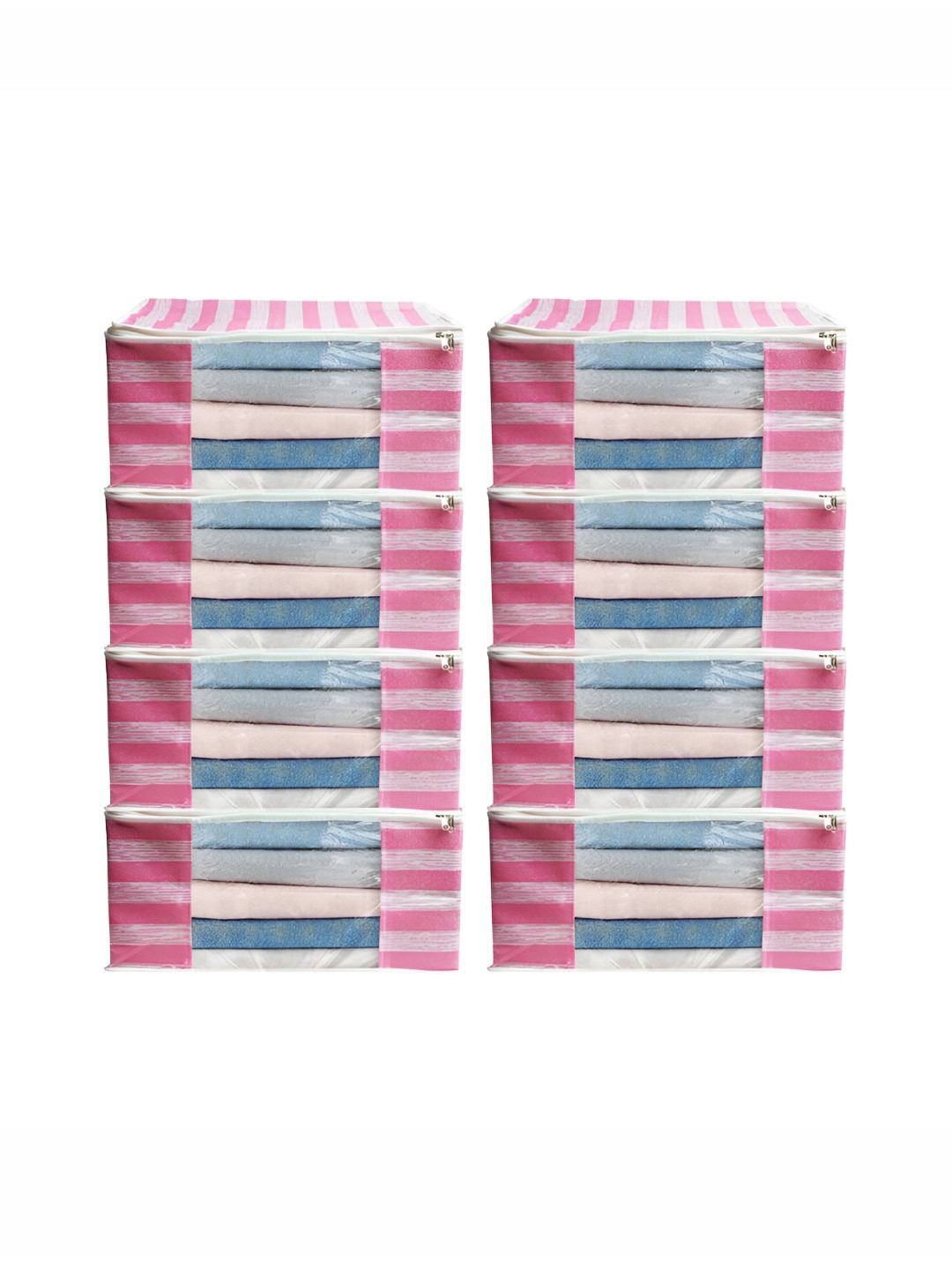 ANKIT INTERNATIONAL Pink & White 8 Pieces Striped Super Strong Multi-Utility Organisers