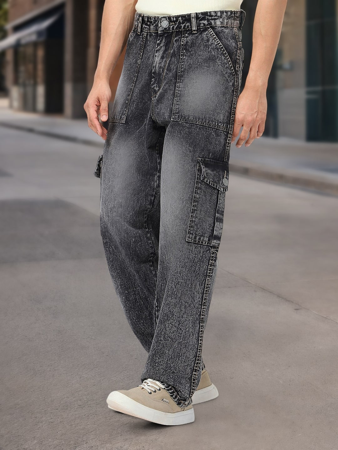 Urbano Fashion Men's Grey Cargo Relaxed Fit Jeans With 6 Pockets Non-Stretchable