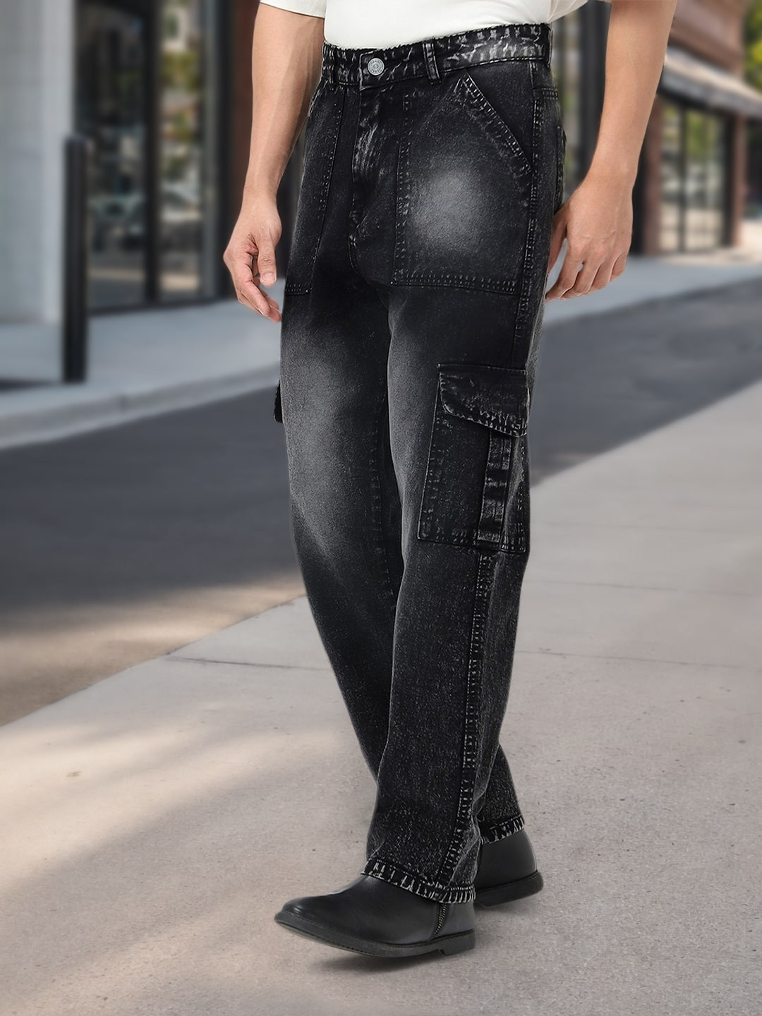 Urbano Fashion Men Cotton Black Loose Fit Cargo Jeans With 6 Pockets Non-Stretchable