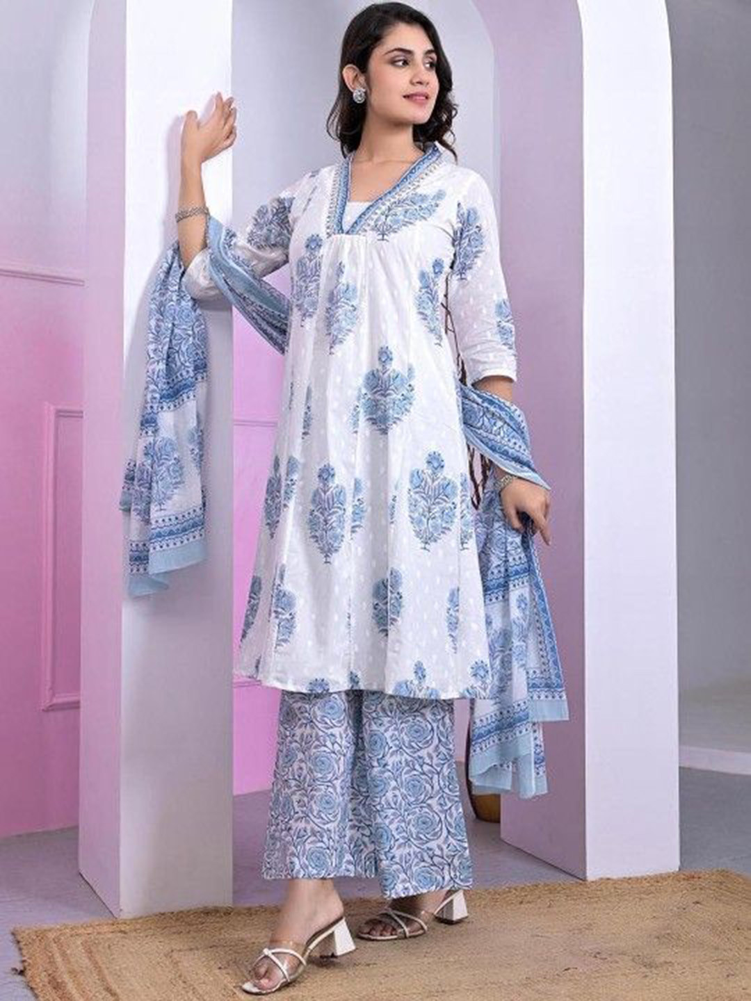 SINSINI Floral Printed Pleated Sequinned Pure Cotton A-Line Kurta With Palazzo & Dupatta