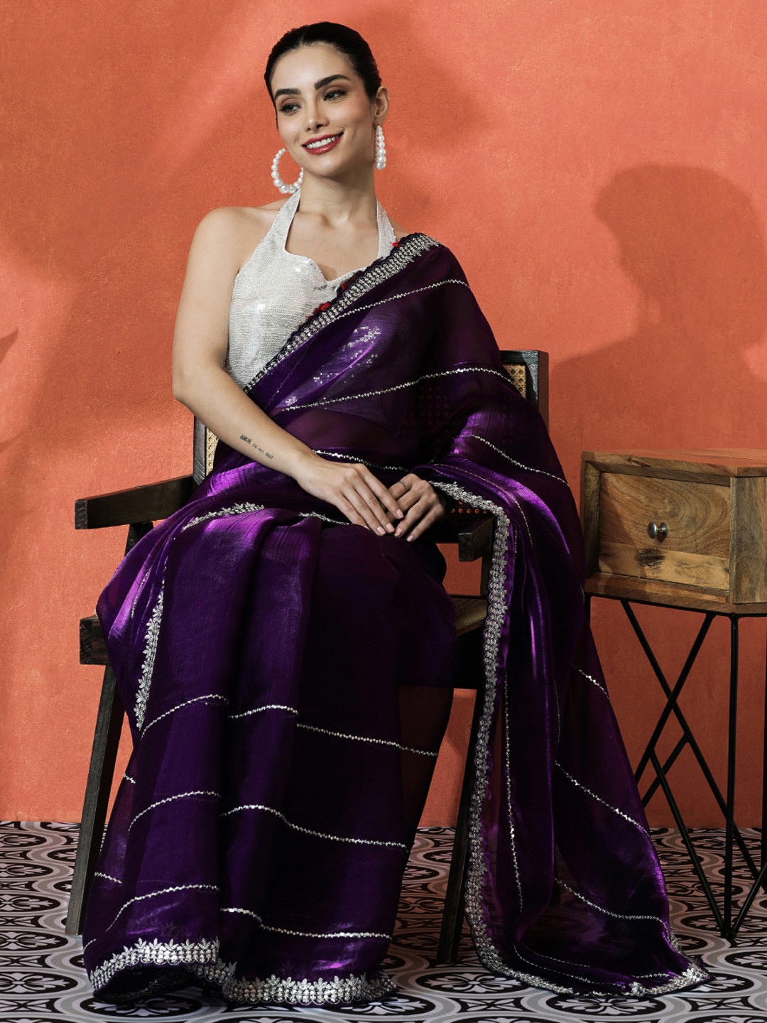 Sangria Embellished Embroidered Tissue Saree with free size Stitched blouse