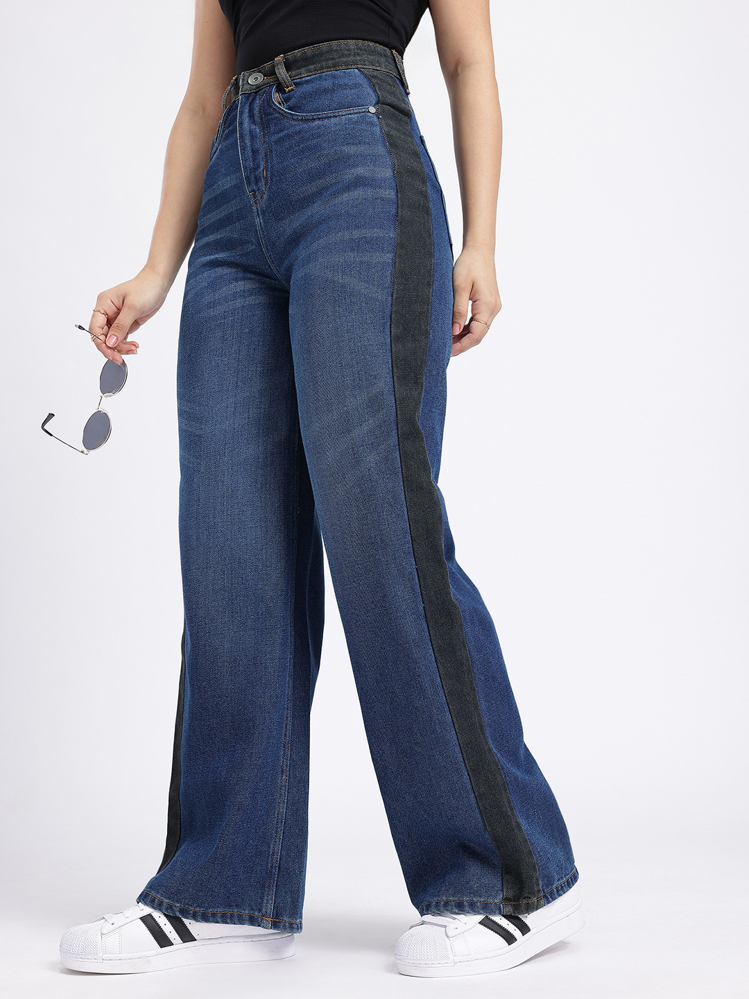 glitchez Women Light Fade High-Rise Wide Leg Jeans with Side Taping