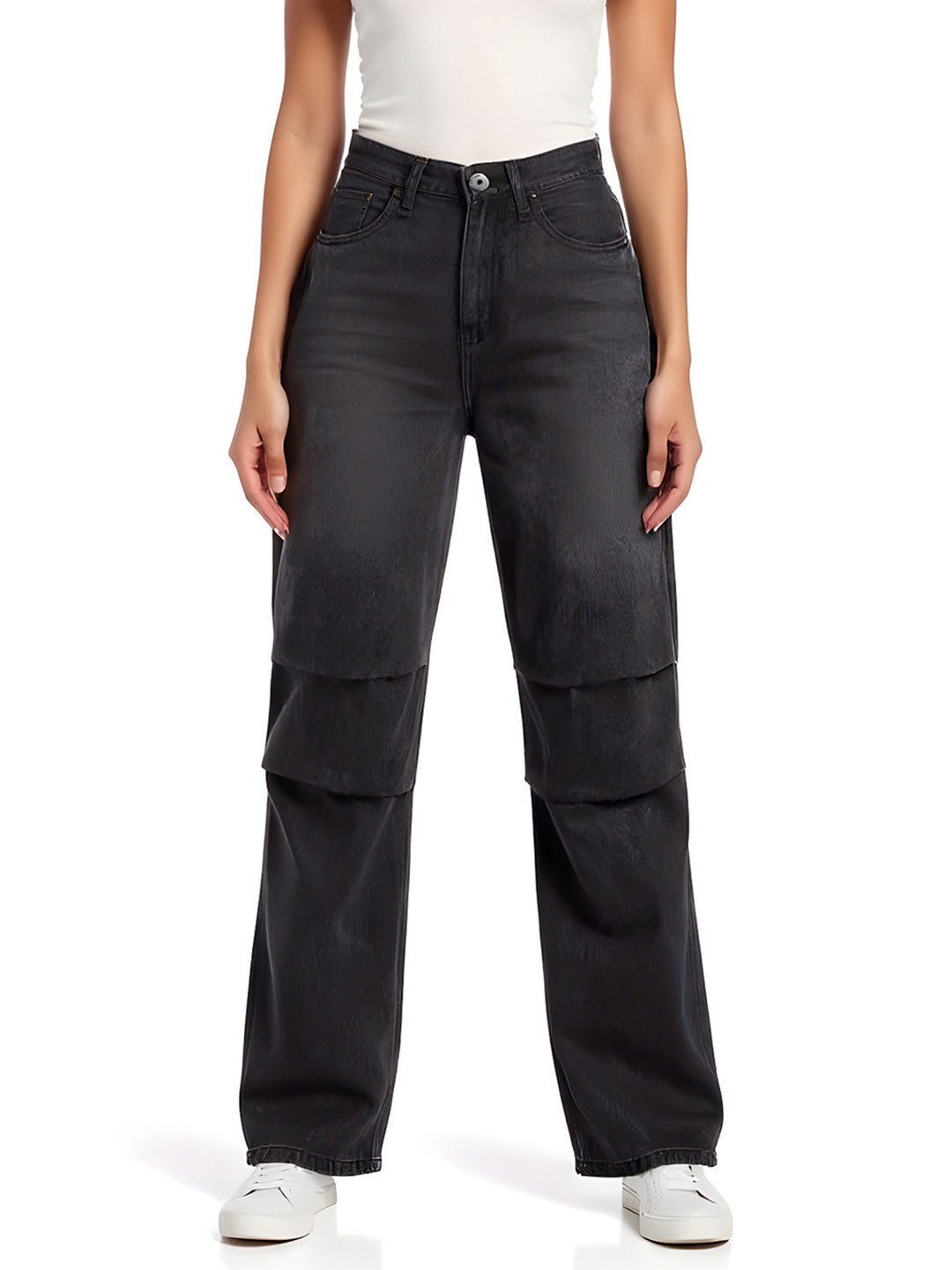 glitchez Women Mid-Rise Pleated Whiskers and Chevrons Light Fade Baggy Fit Jeans