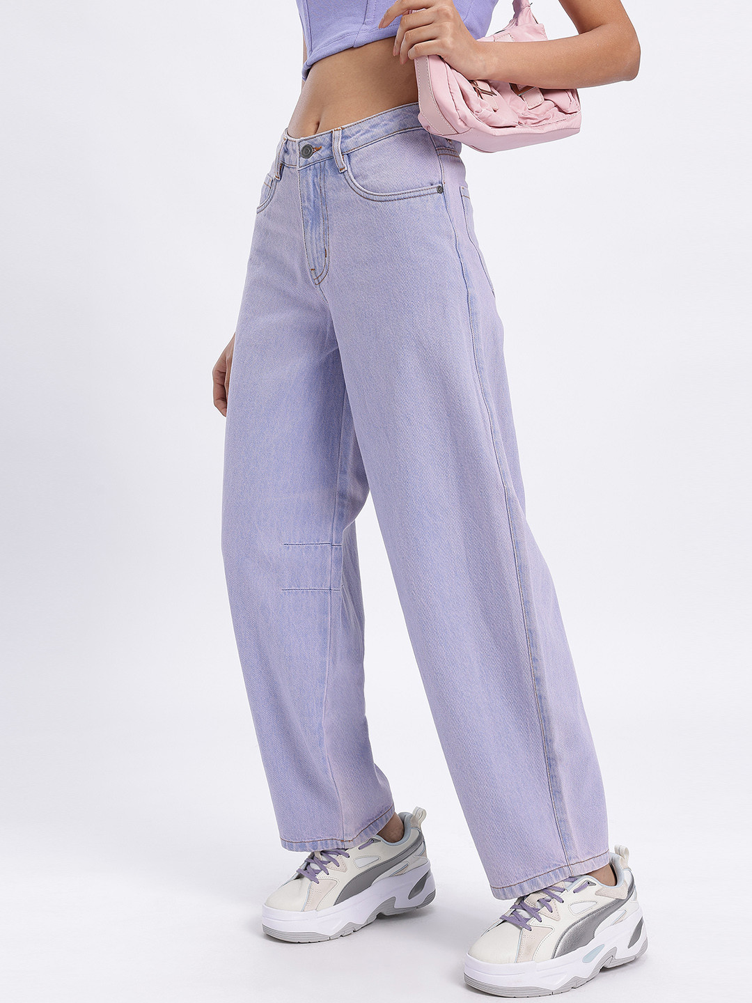 glitchez Women Mid-Rise Pure Cotton Barrel Fit Jeans with Purple Tint