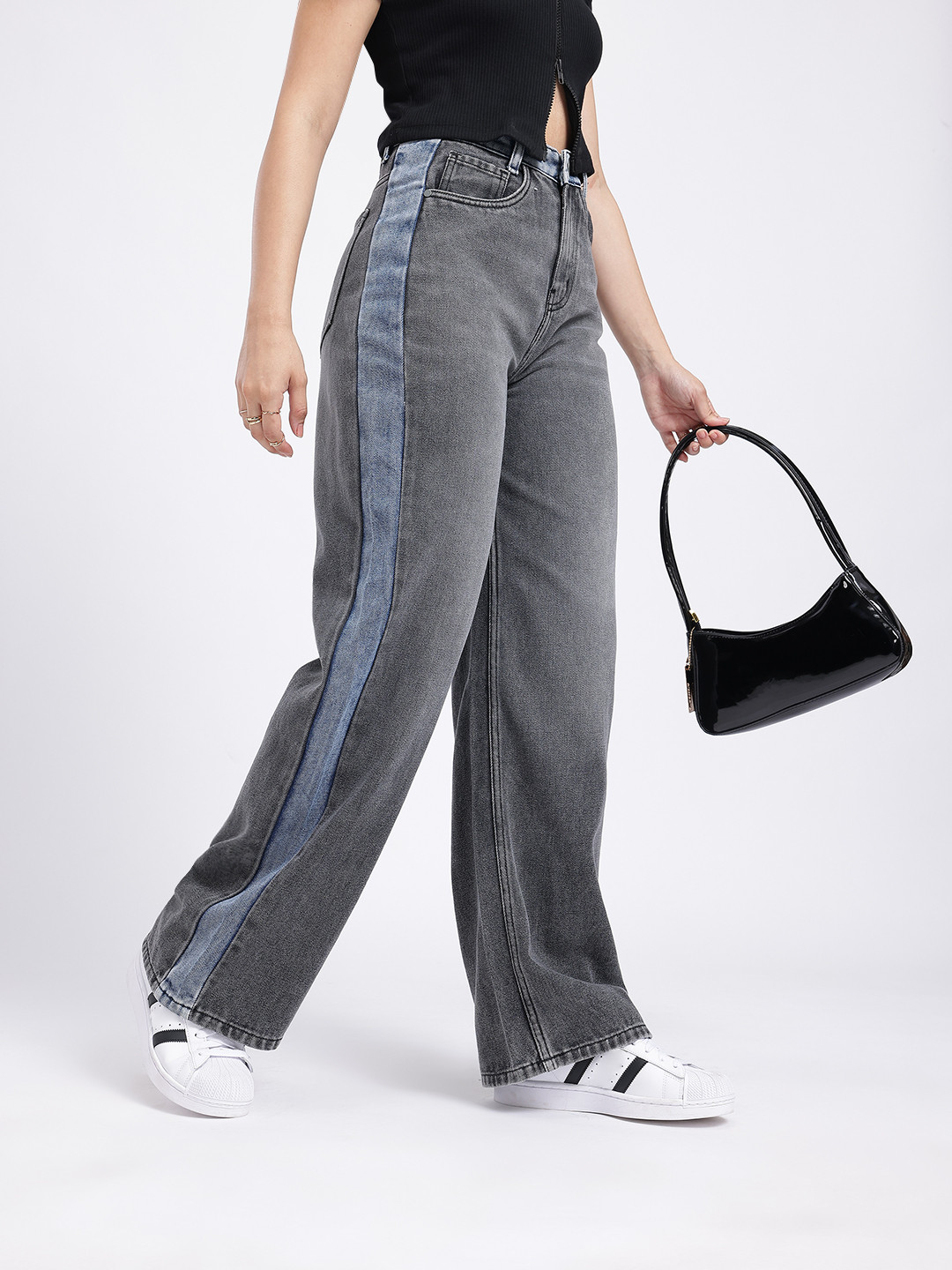 glitchez Women Light Fade High-Rise Wide Leg Jeans with Side Taping