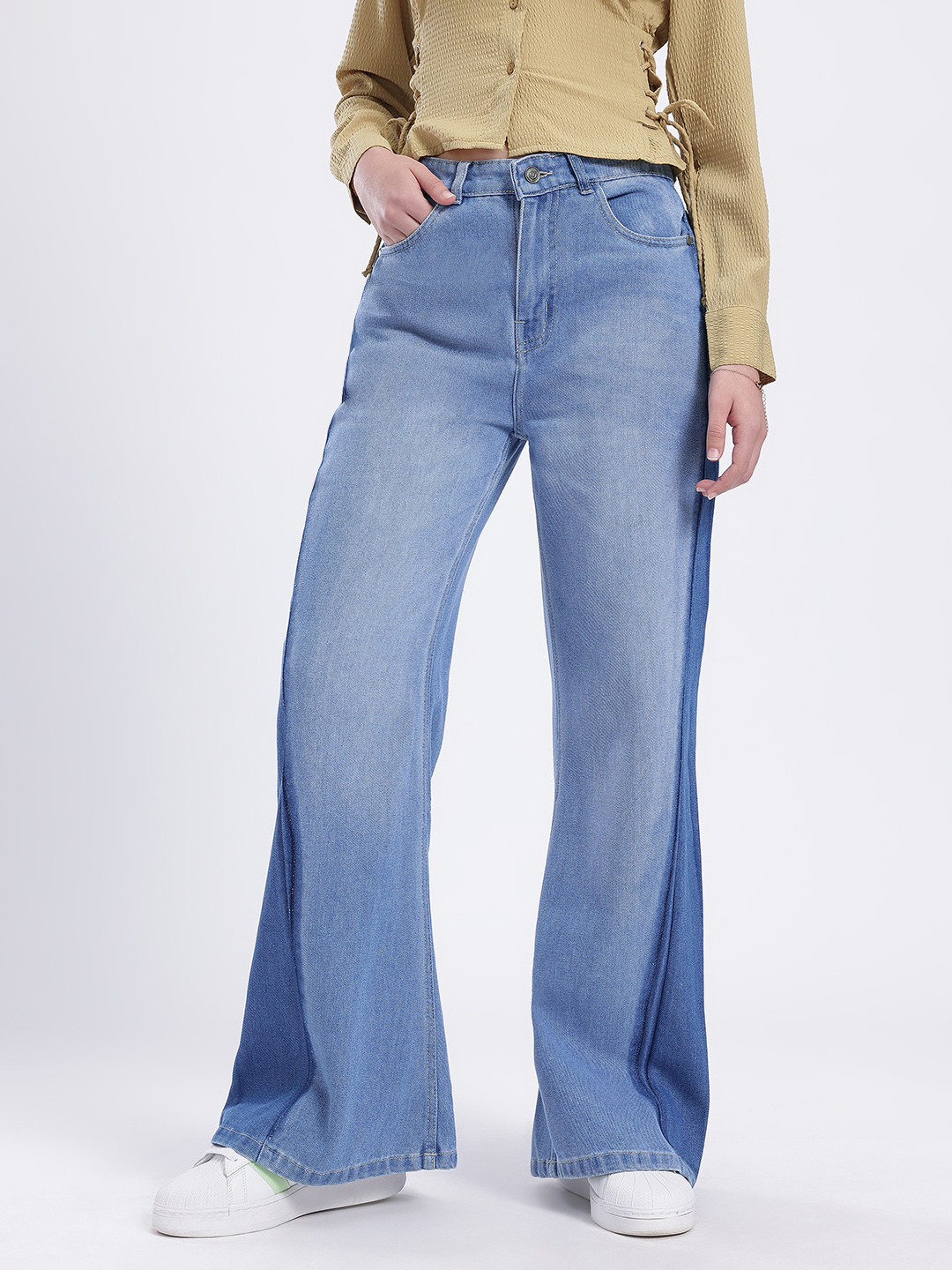 glitchez Women Contrast Panel Wide Leg Jeans