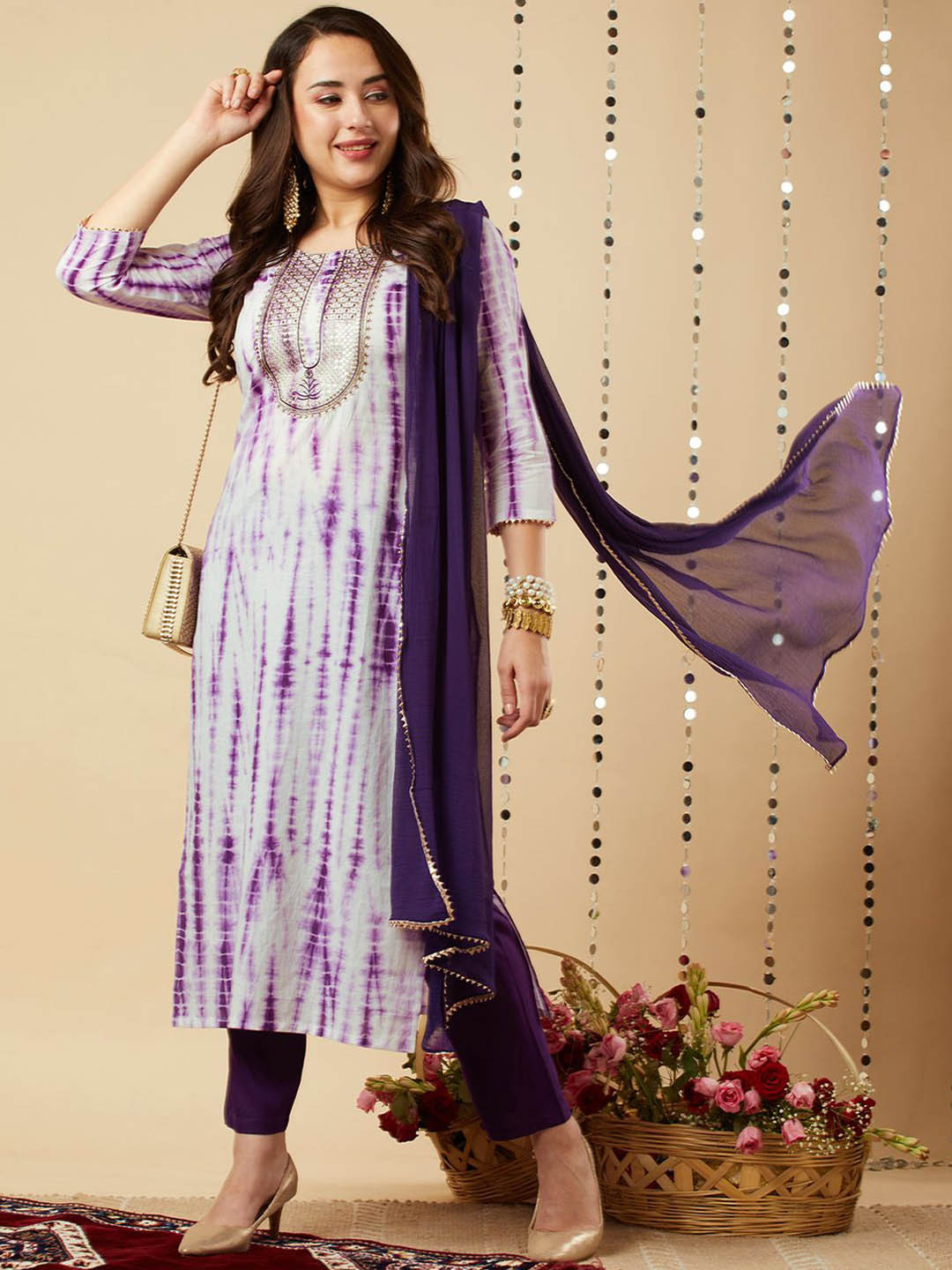 KALINI Shibori Dyed Thread Work Round Neck Straight Kurta With Trousers And Dupatta
