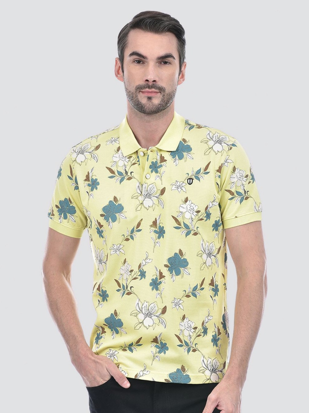 Numero Uno Men Floral Printed Polo Collar Raw Edge T-shirt