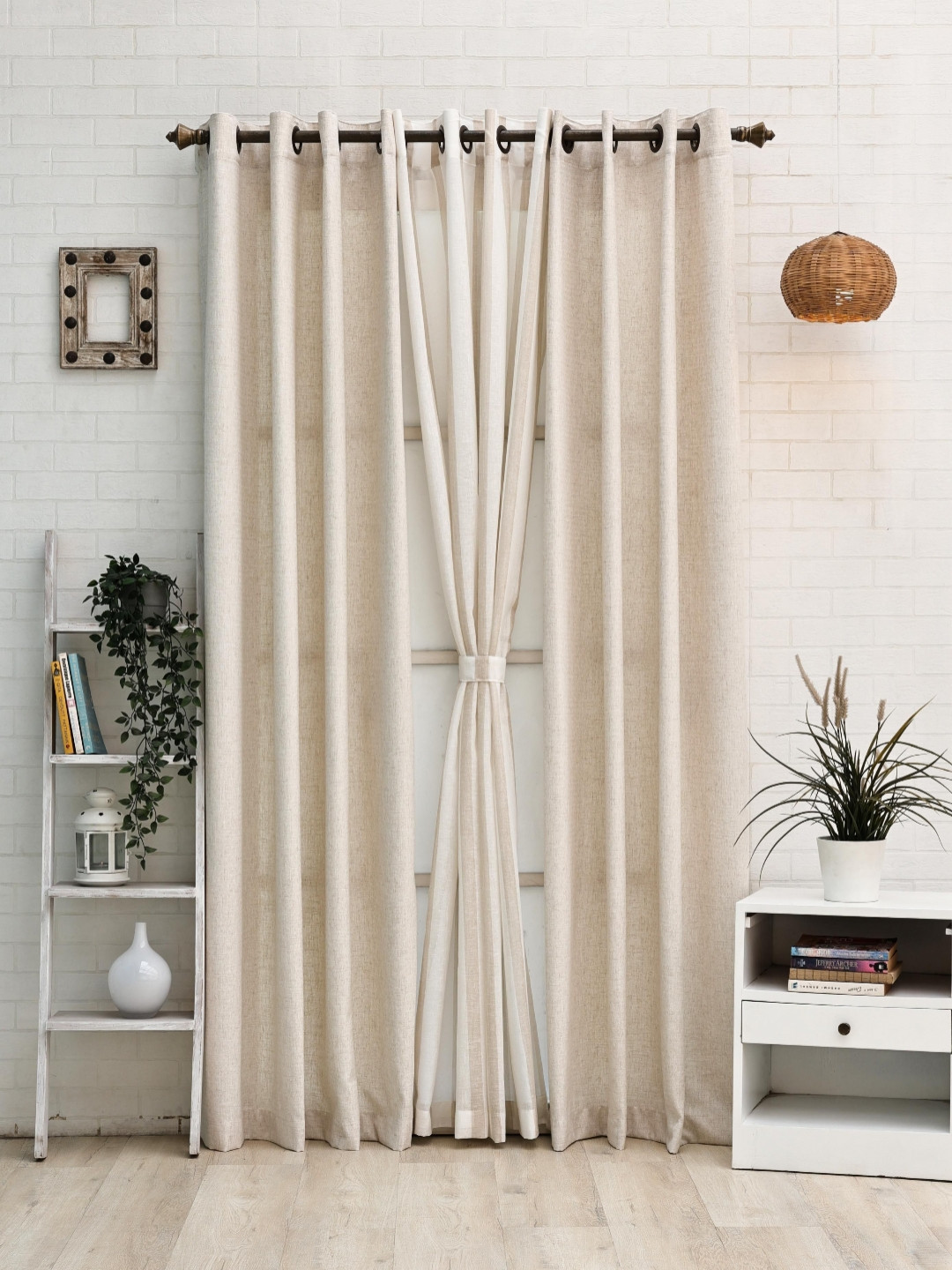 Ariana White & Brown 3 Pieces Striped Window Curtains