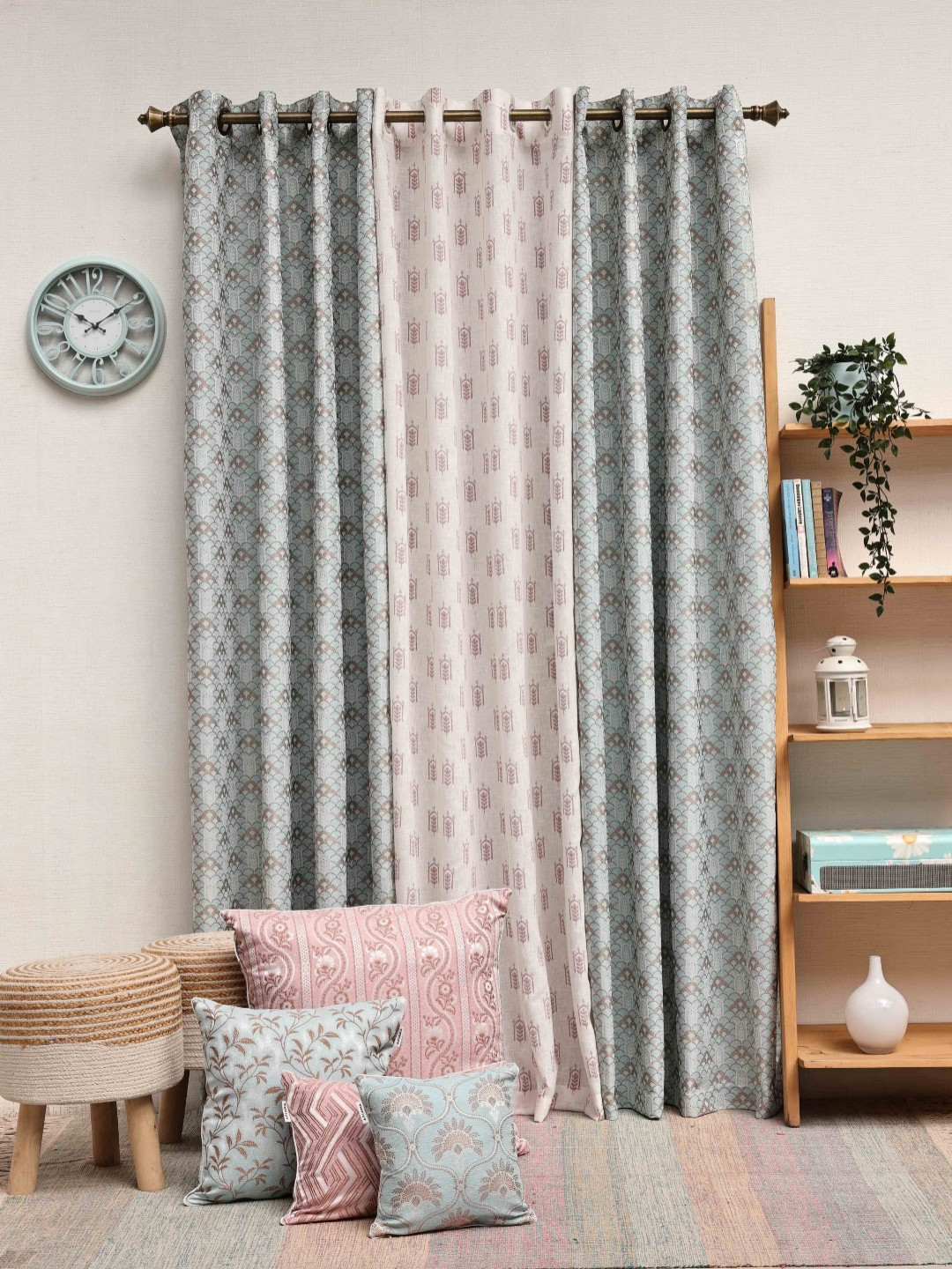 Ariana Mehraab Sheer Blue & Pink 3 Pieces Printed Window Curtains