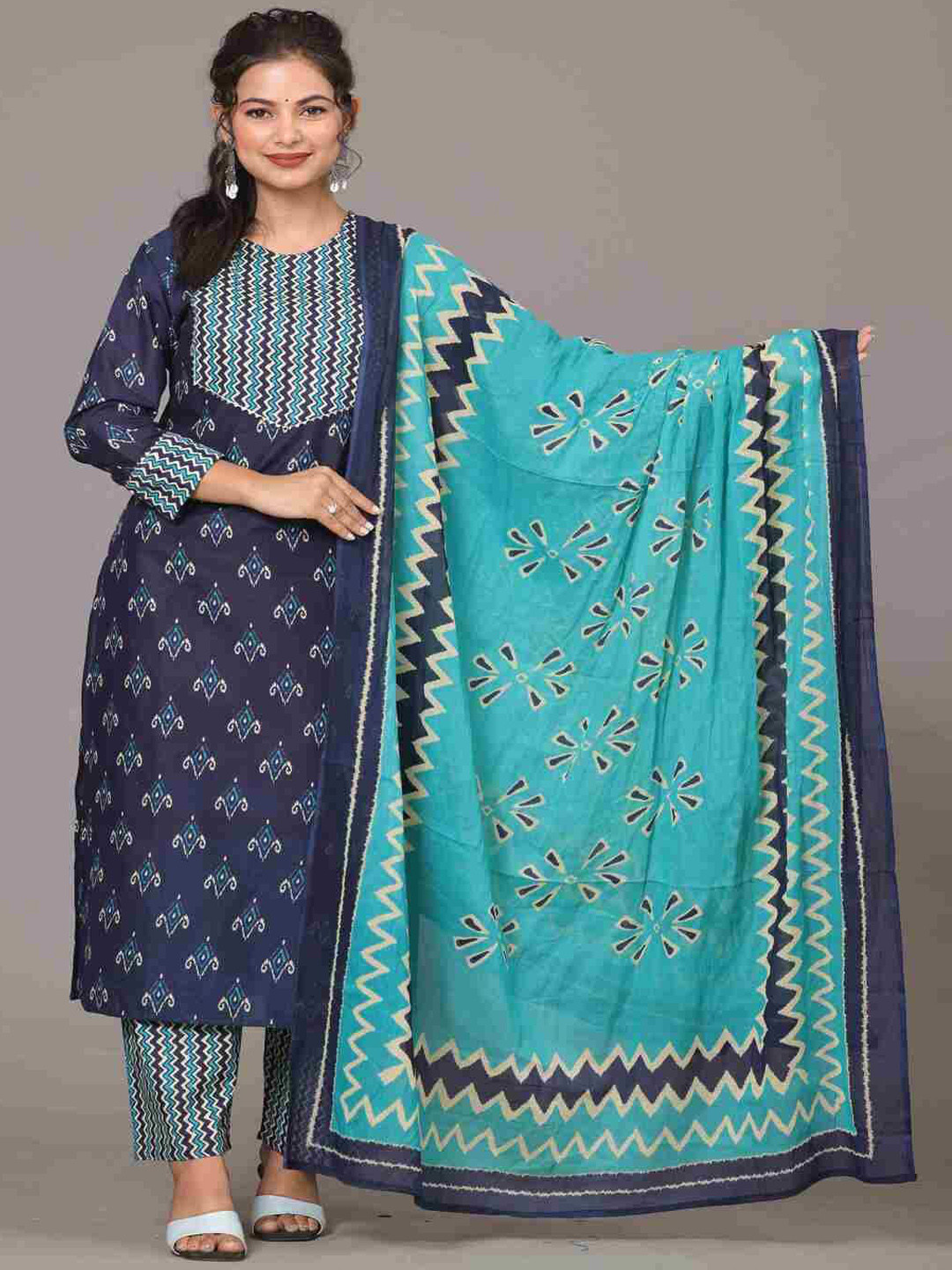 JAYRA TEXTILE Ethnic Motifs Printed Pure Cotton Straight Kurta With Trouser & Dupatta