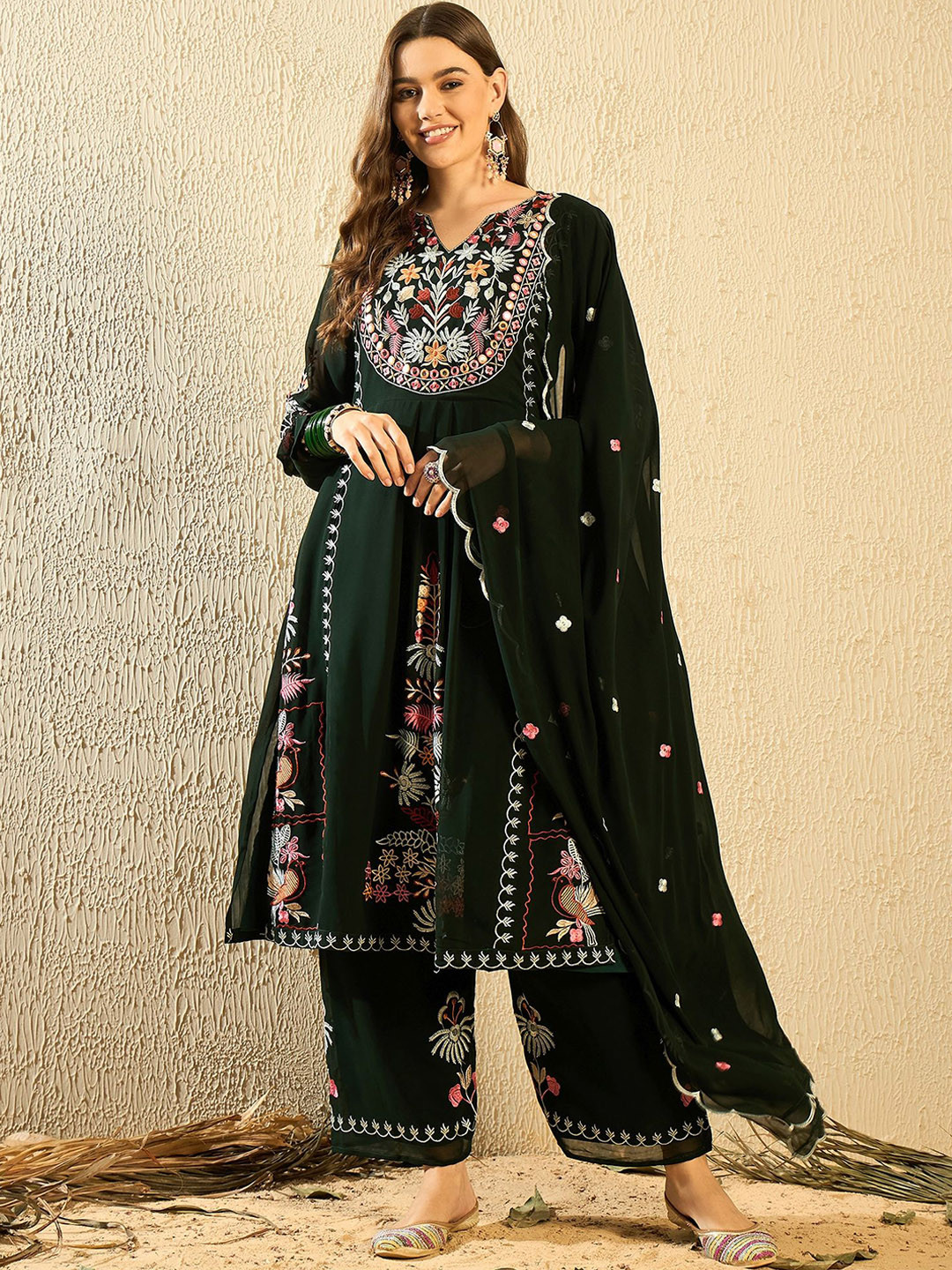 SERONA FABRICS Floral Embroidered Pleated Anarkali Georgette Kurta With Palazzos & Dupatta