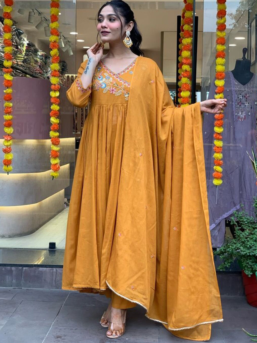 DEIDAD Floral Embroidered Thread Work Angrakha Anarkali Kurta With Trousers & Dupatta