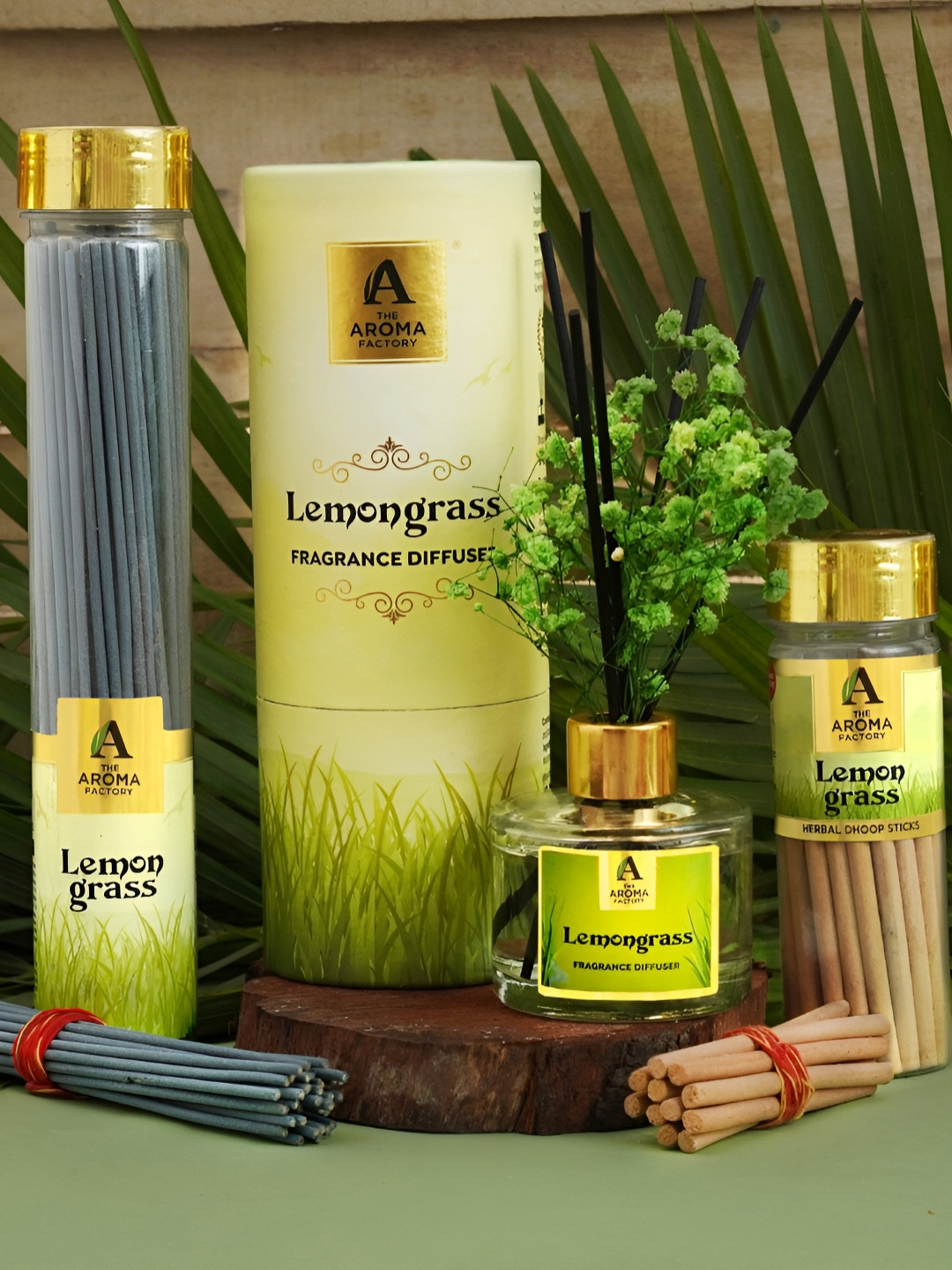 The Aroma Factory Green & Brown 3 Pieces Lively Lemongrass Complete Fragrance Collection