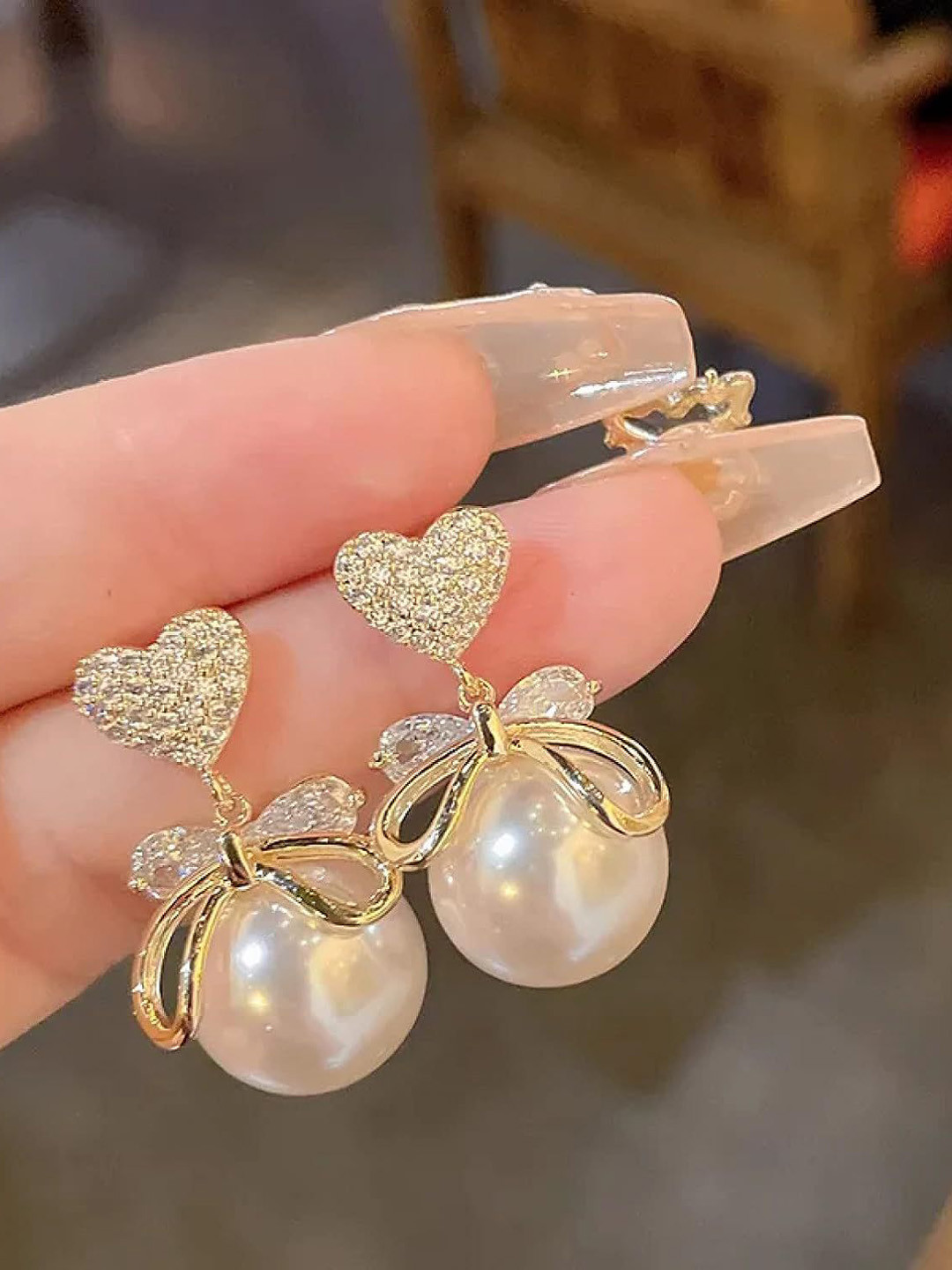 PolluxCraft Korean Pearls Beaded Heart Shaped Drop Earrings