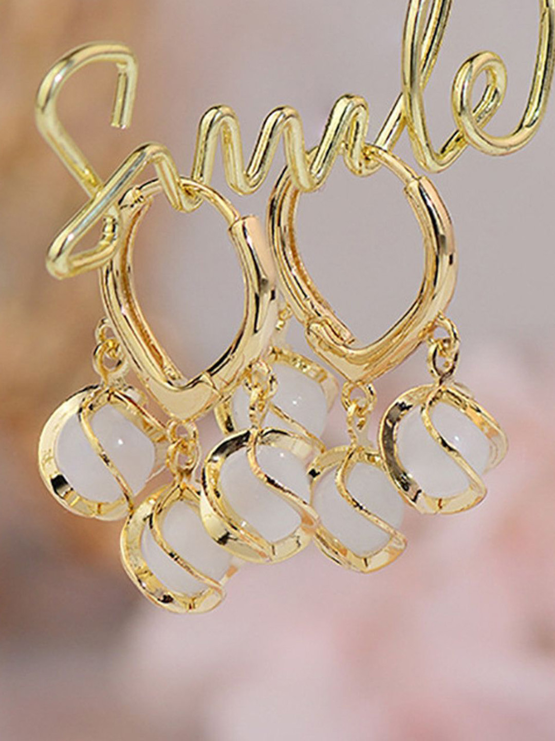 PolluxCraft Gold-Plated Cubic Zirconia Studded Contemporary Shaped Drop Earrings