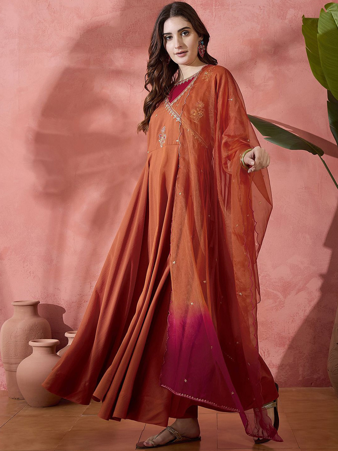 Sangria Orange Floral Embroidered Angarakha Anarkali Kurta With Trousers & Dupatta