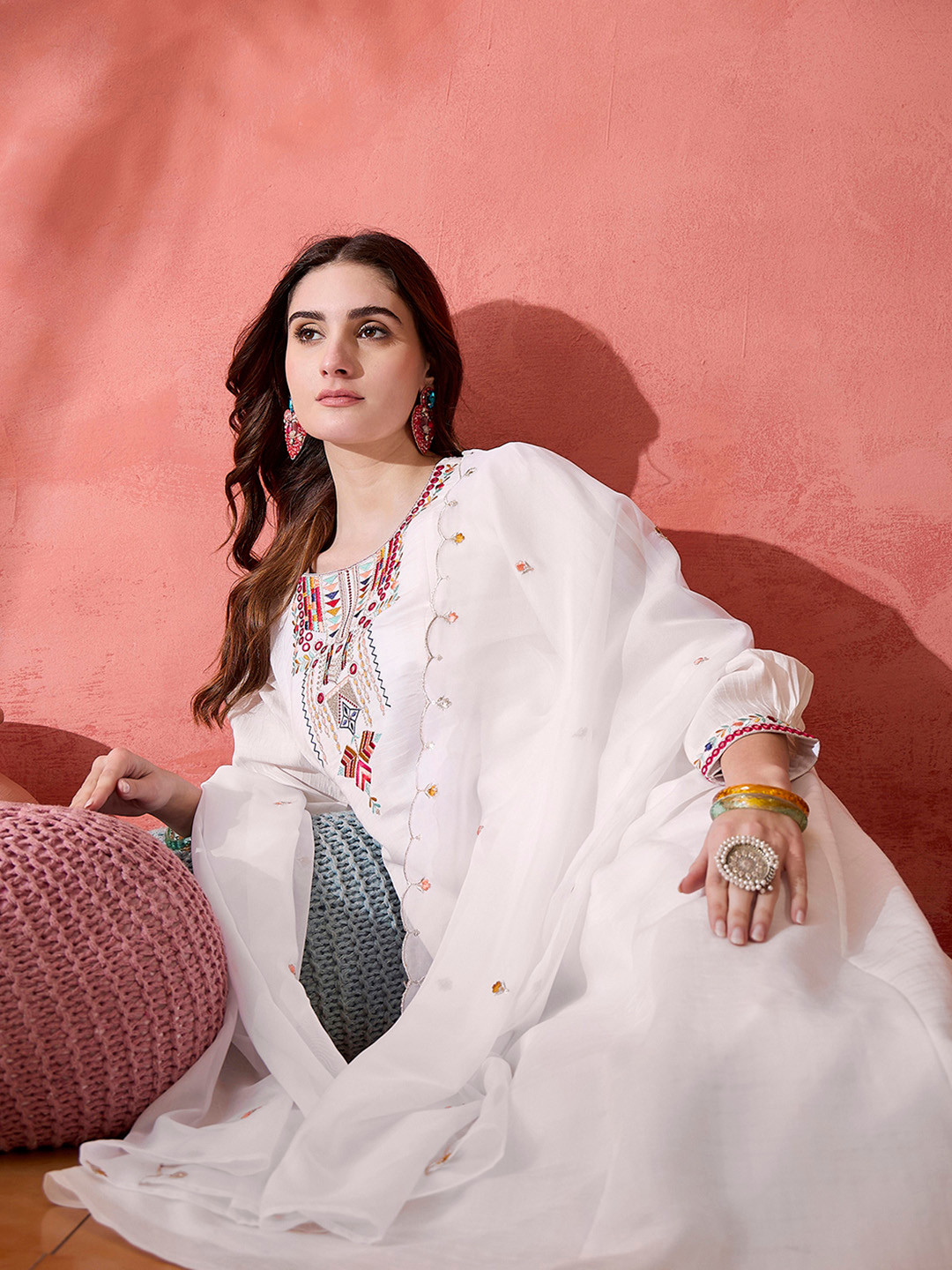 Sangria White Thread Work Round Neck A-Line Kurta With Trousers And Dupatta