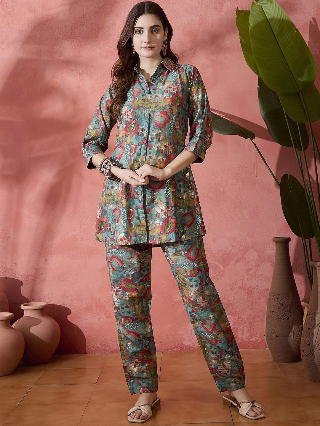 Sangria Teal And Orange Printed Shirt Collar Tunic With Trouser