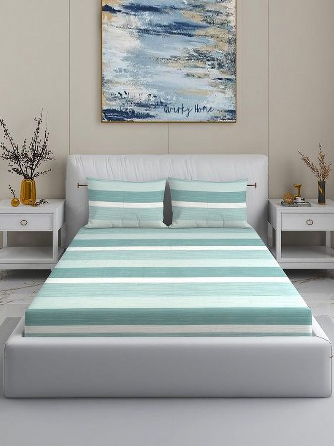 Quirky Home Green Lines Green Striped Microfiber 200 TC King Fine Bedsheet with 2 Pillow Covers-108 x 108 inches