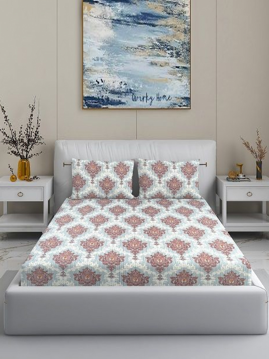 Quirky Home Grey Ethnic Motifs Microfiber 180 TC King Fine Bedsheet with 2 Pillow Covers-108 x 108 inches