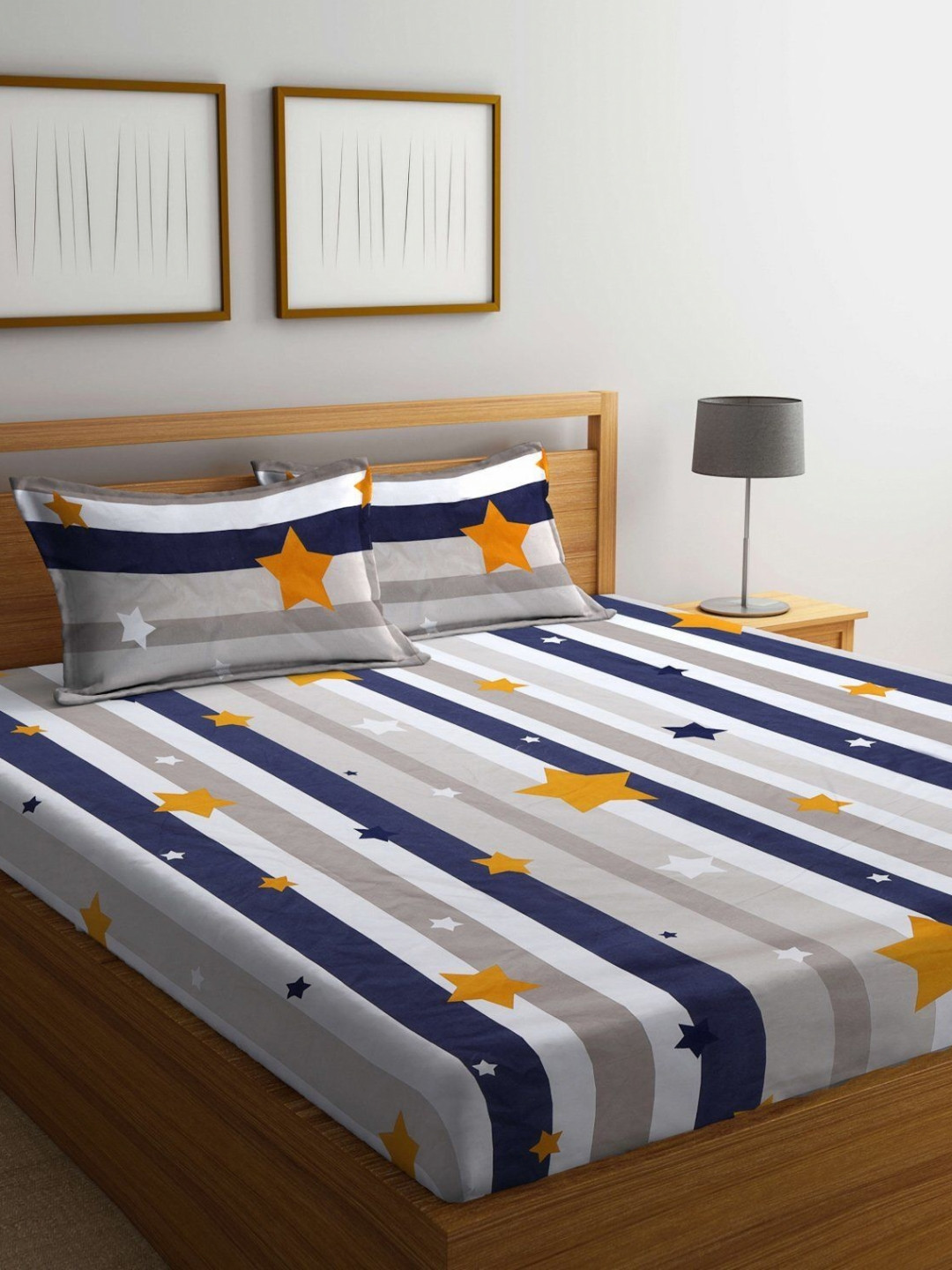 Quirky Home Blue Star Grey Striped Microfiber 180 TC Fitted Queen Fine Bedsheet with 2 Pillow Covers-72 x 78 inches